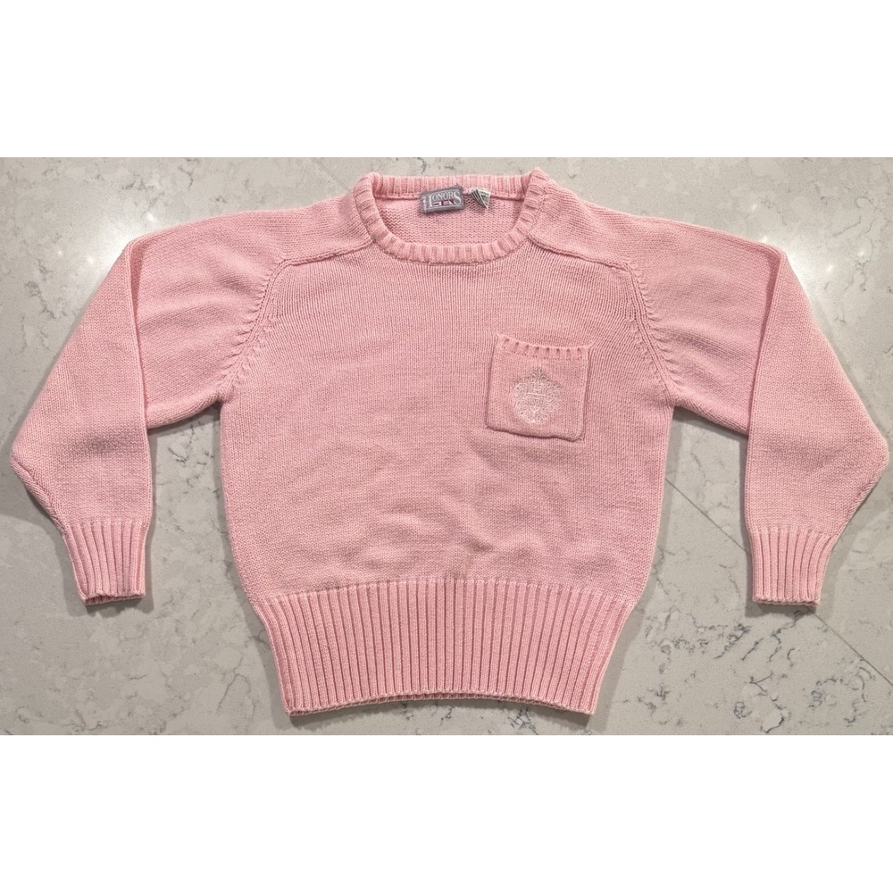 Vintage 80s Honors Sweater Womens Small Pink Crewneck Knit Chest Pocket Logo